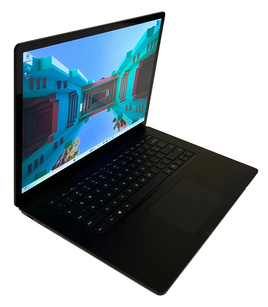 Black laptop with a colorful screen on a white background