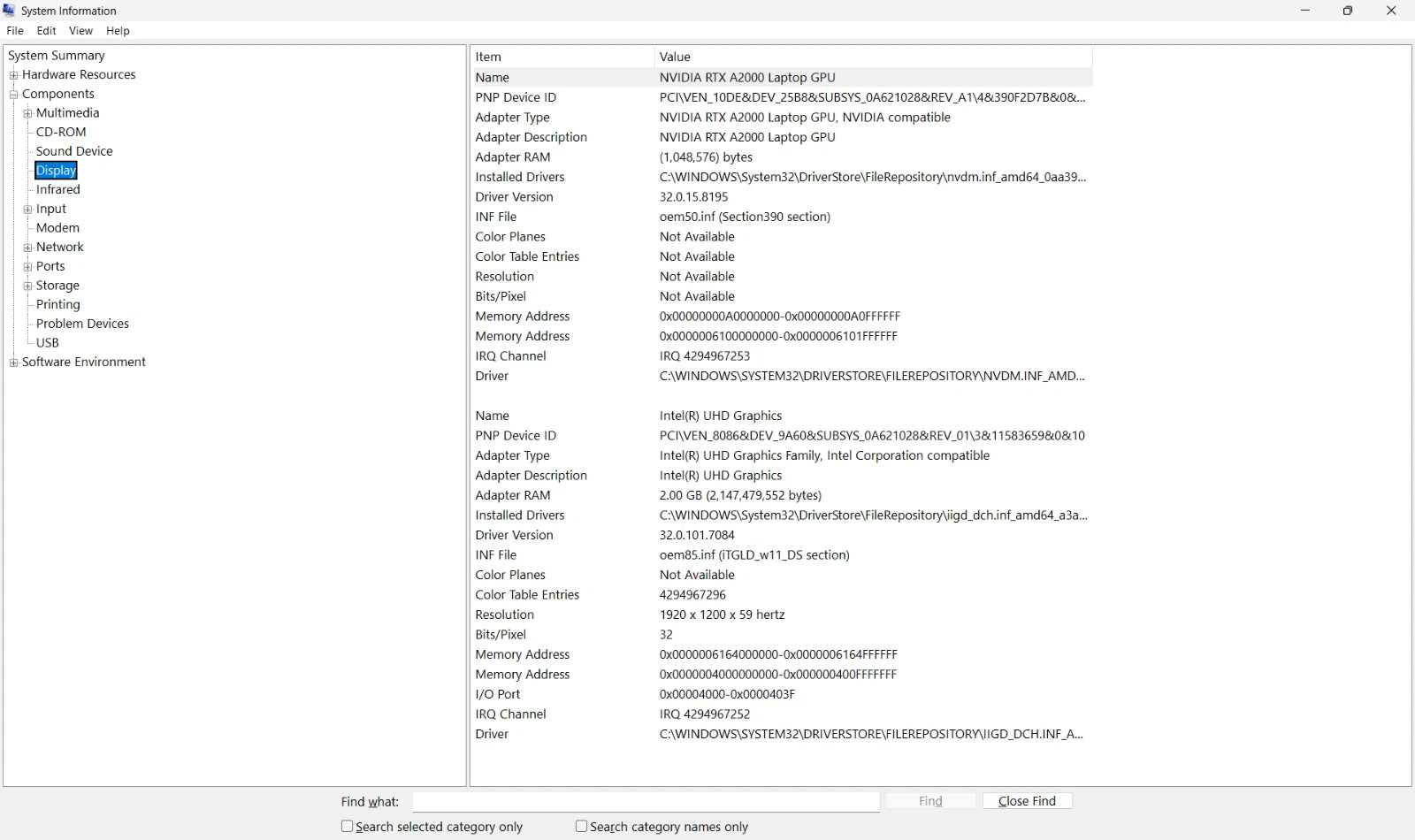 Computer system information window with detailed hardware and software specifications.