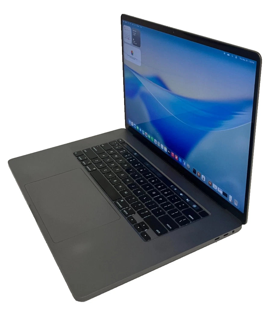 Laptop with a blue screen on a white background turned to the left