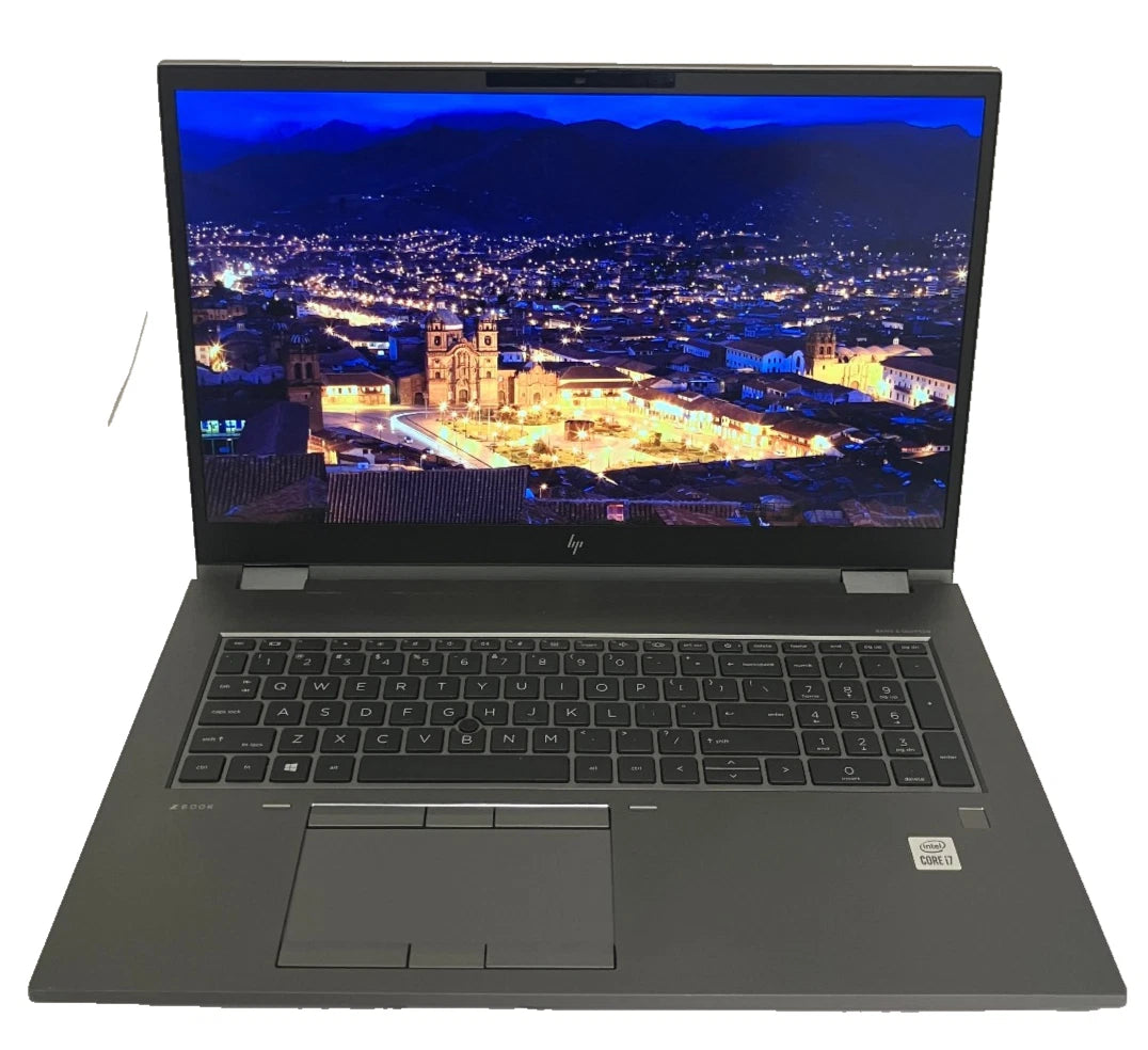 Laptop displaying a cityscape on its screen with a visible HP logo.