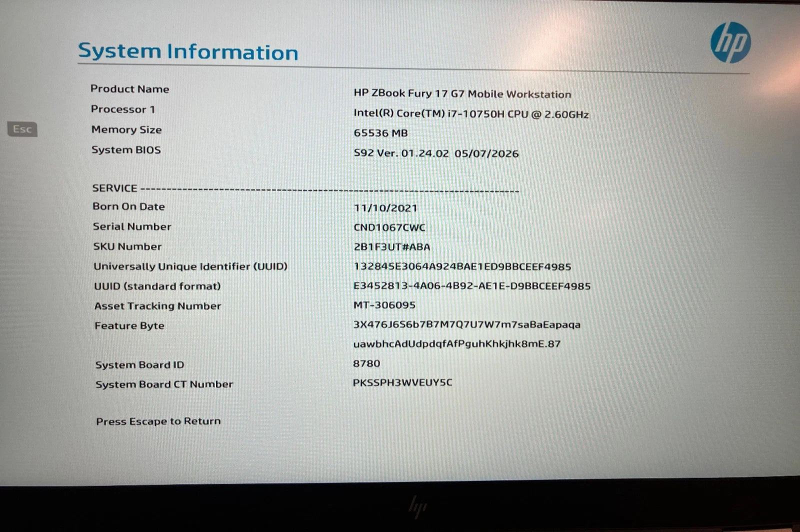 HP system information screen displaying hardware details