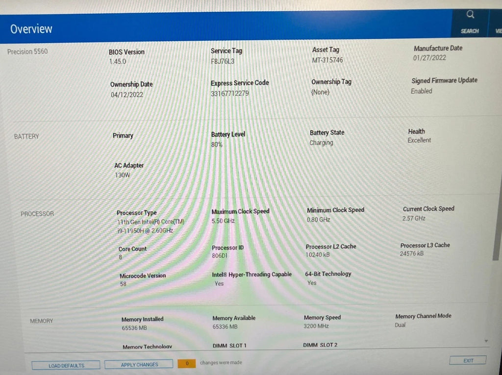 Computer system information screen with detailed specifications.