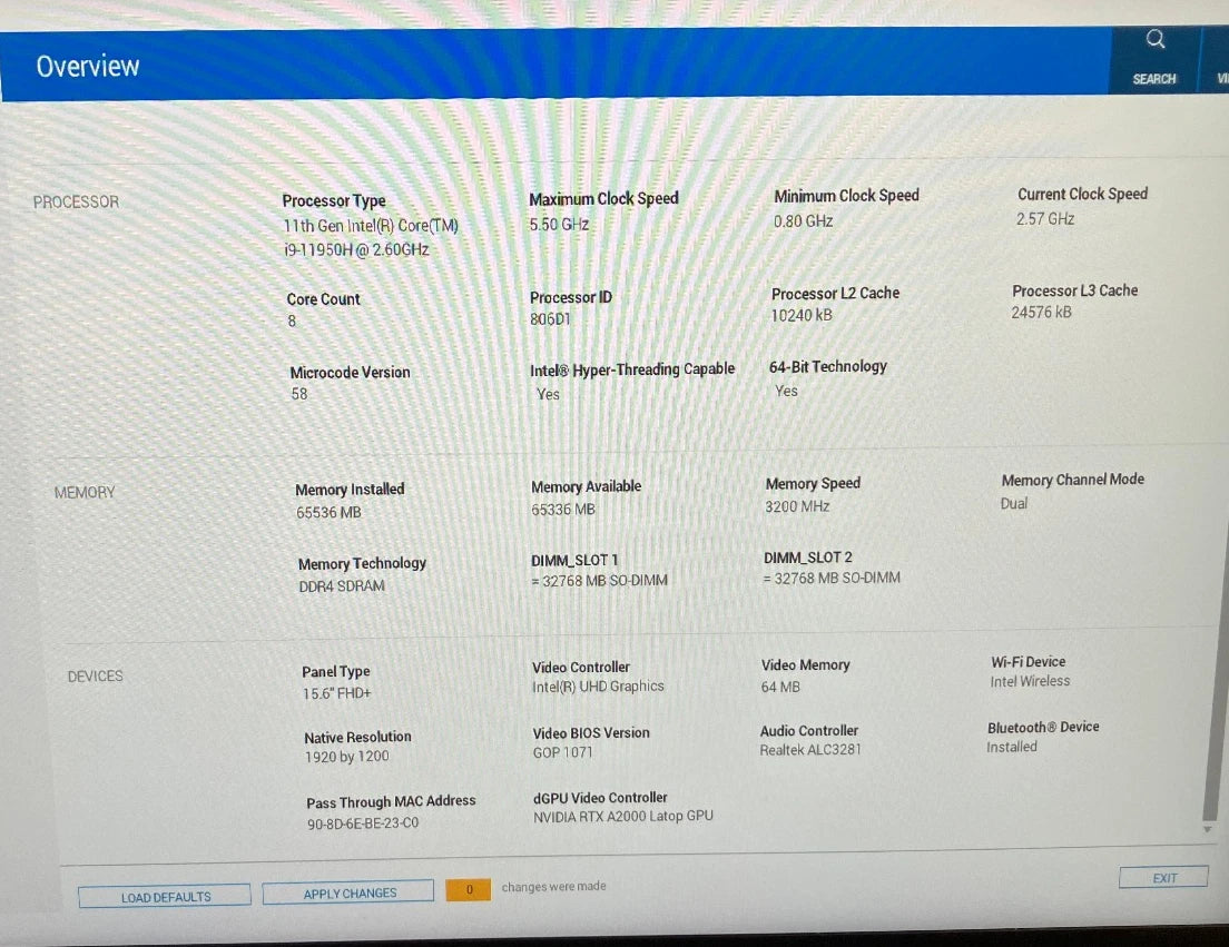 Computer system specifications displayed on a screen