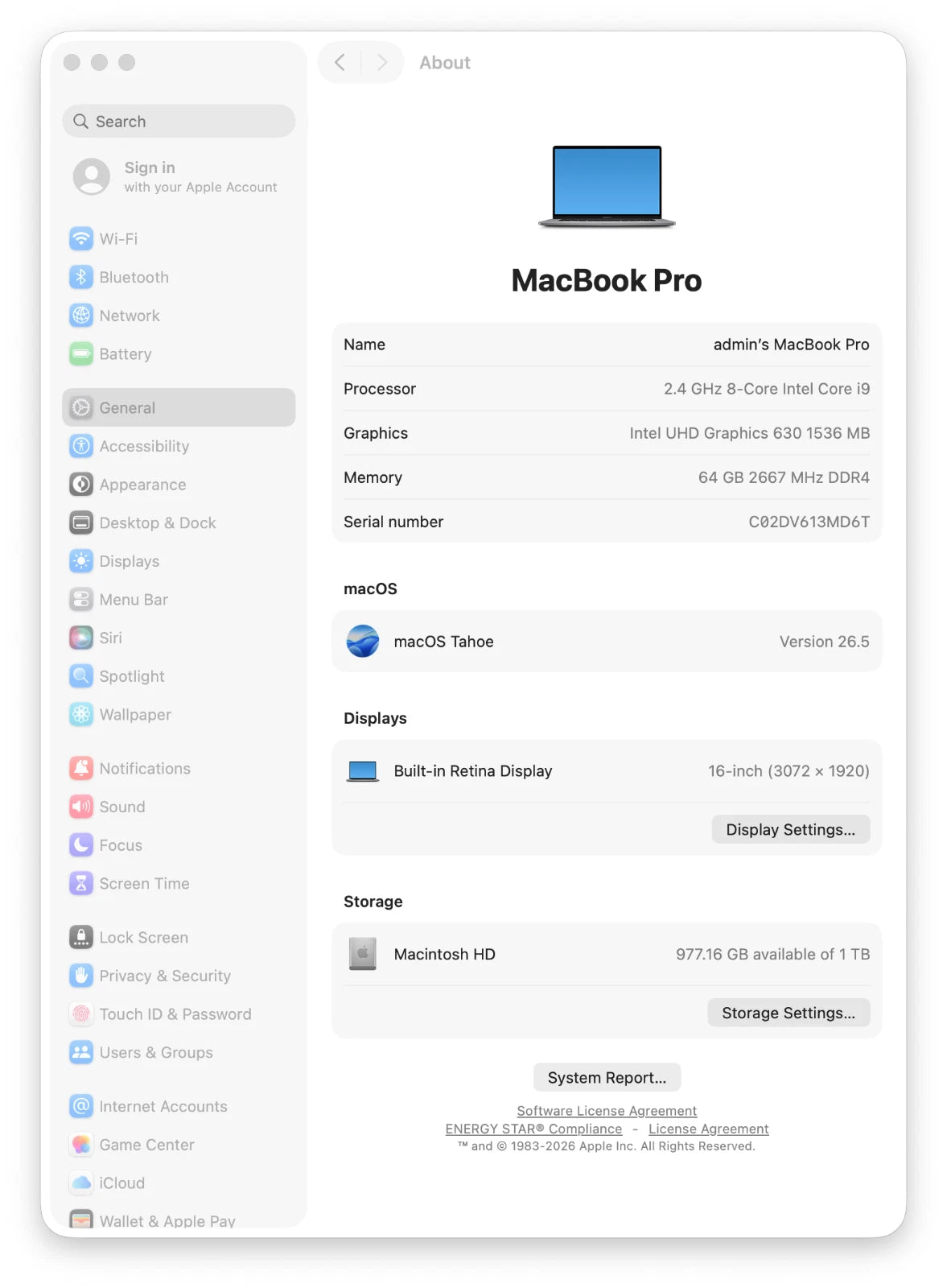 MacBook Pro system information screen on a white background