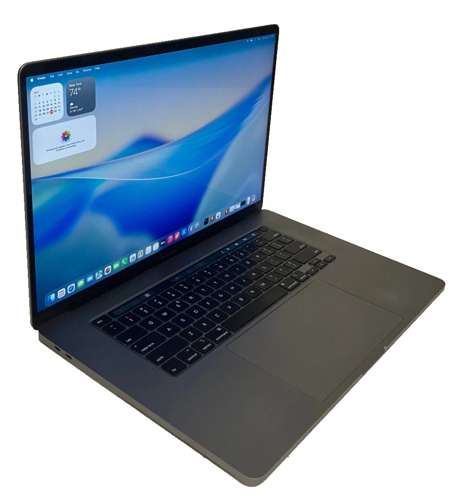 Laptop with a blue screen on a white background turned to the right.