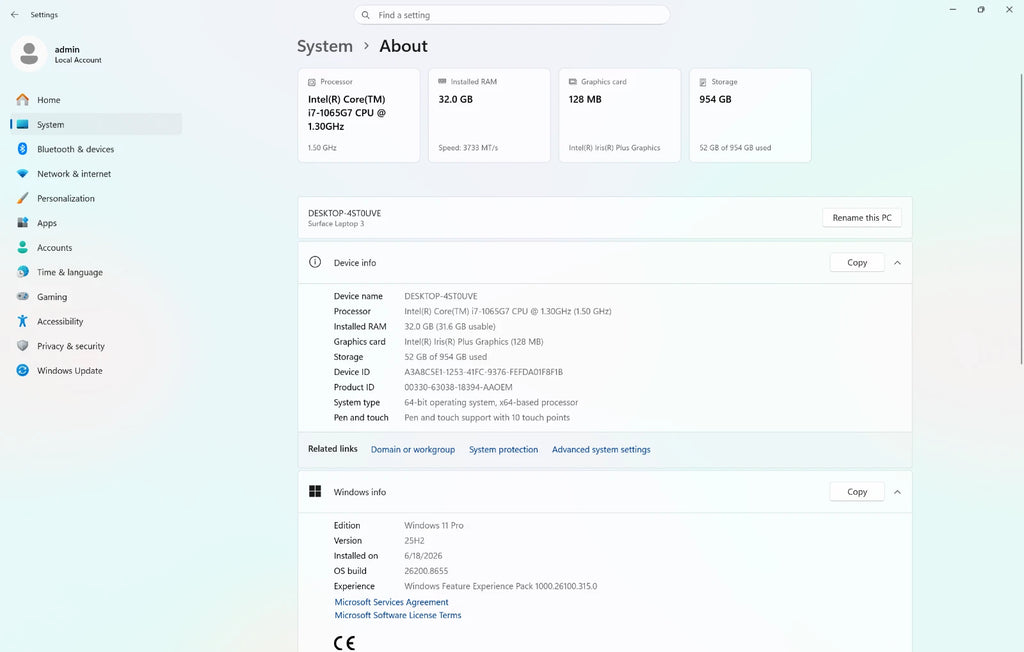 System settings screen showing hardware details on a light blue background