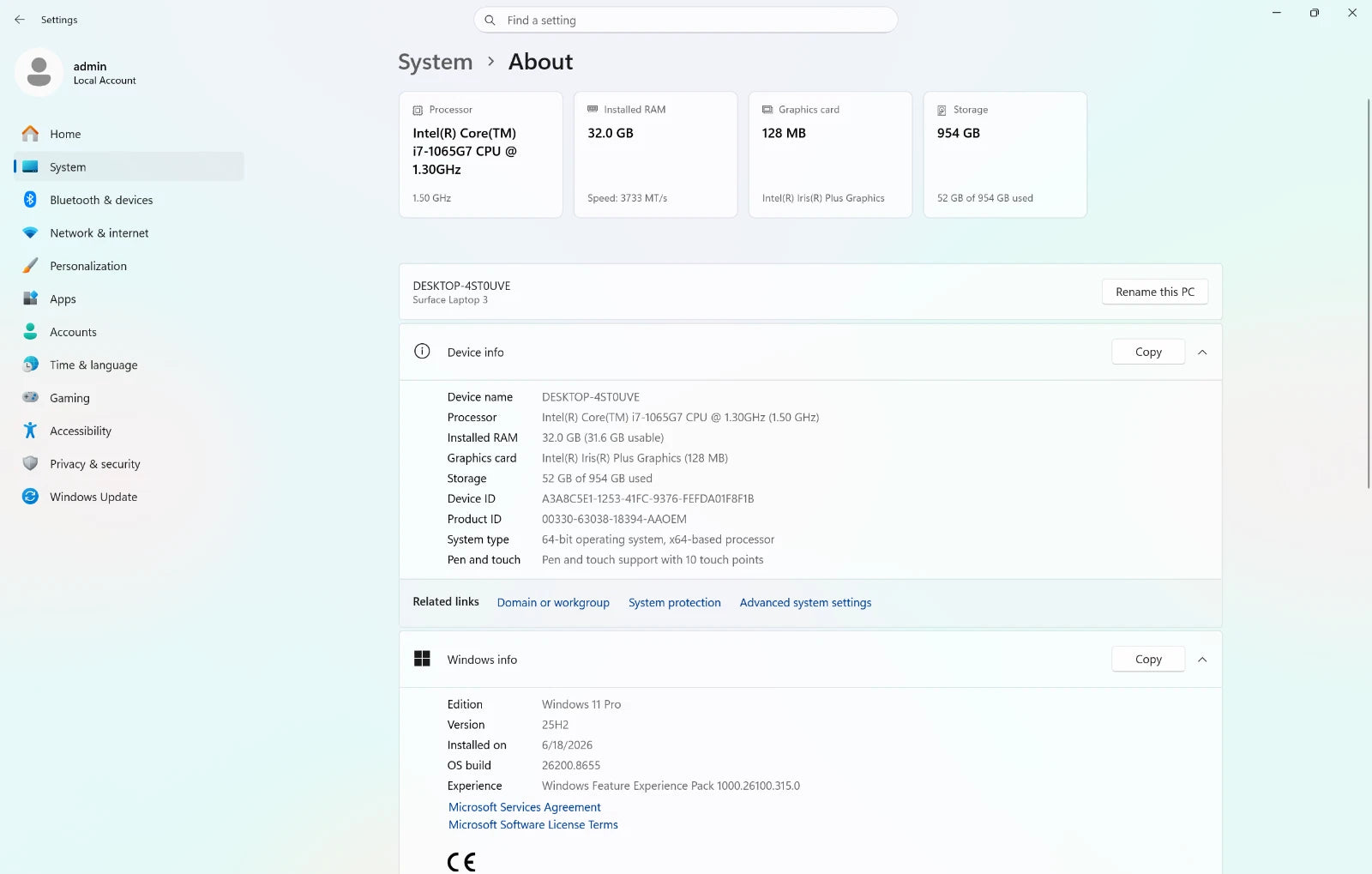 System settings screen showing hardware details on a light blue background