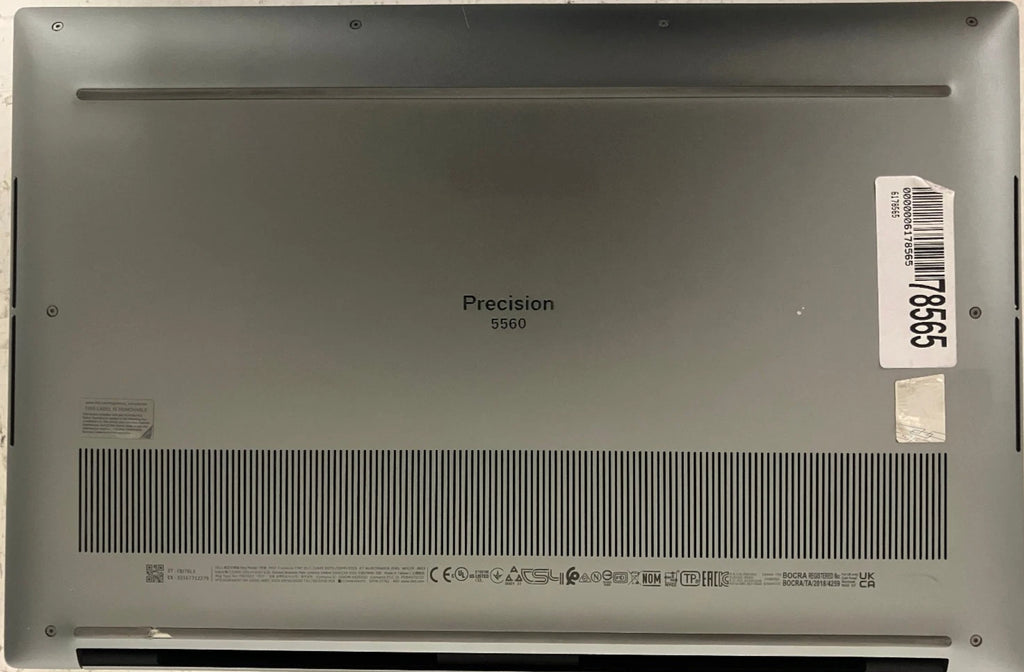 Back view of a laptop with 'Precision 5560' branding on a gray background