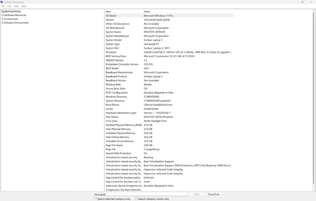 Computer system information window displaying various technical details.