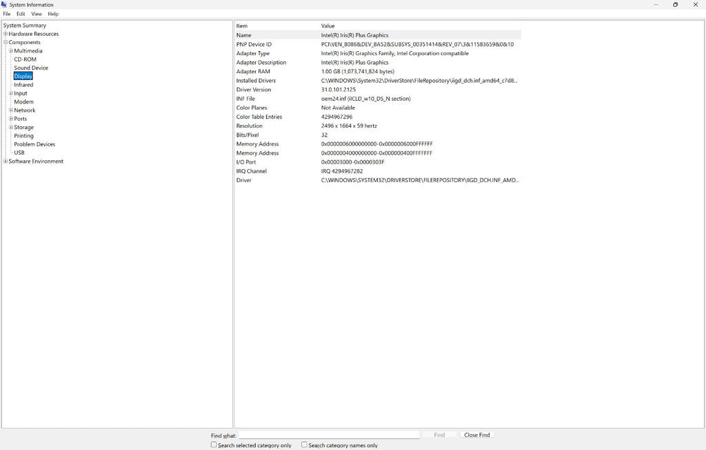 Computer screen displaying system information with text and icons.
