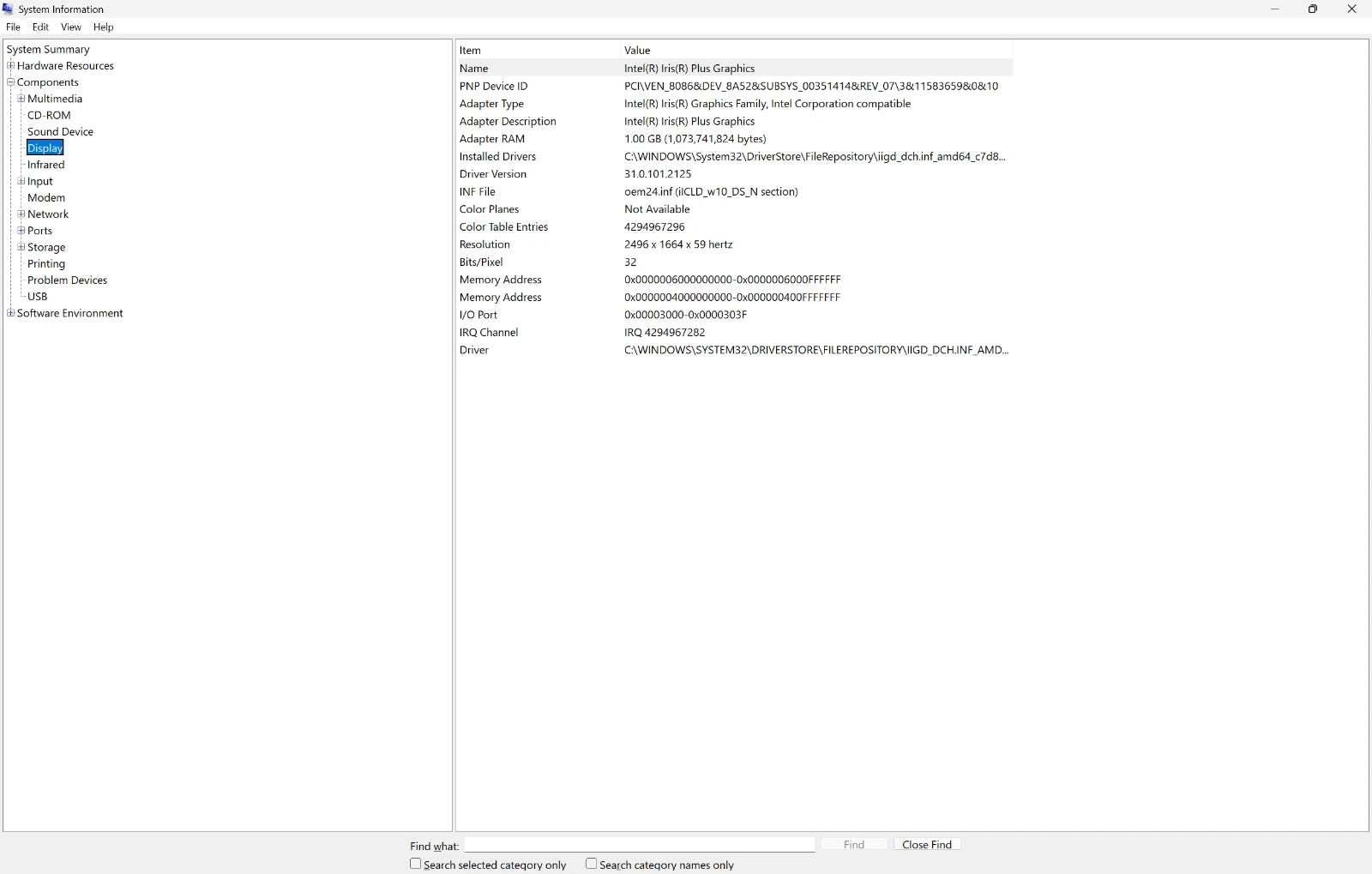 Computer screen displaying system information with text and icons.