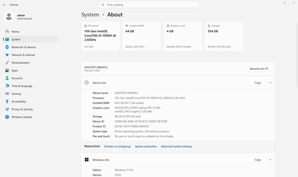 System settings screen displaying hardware information on a white background