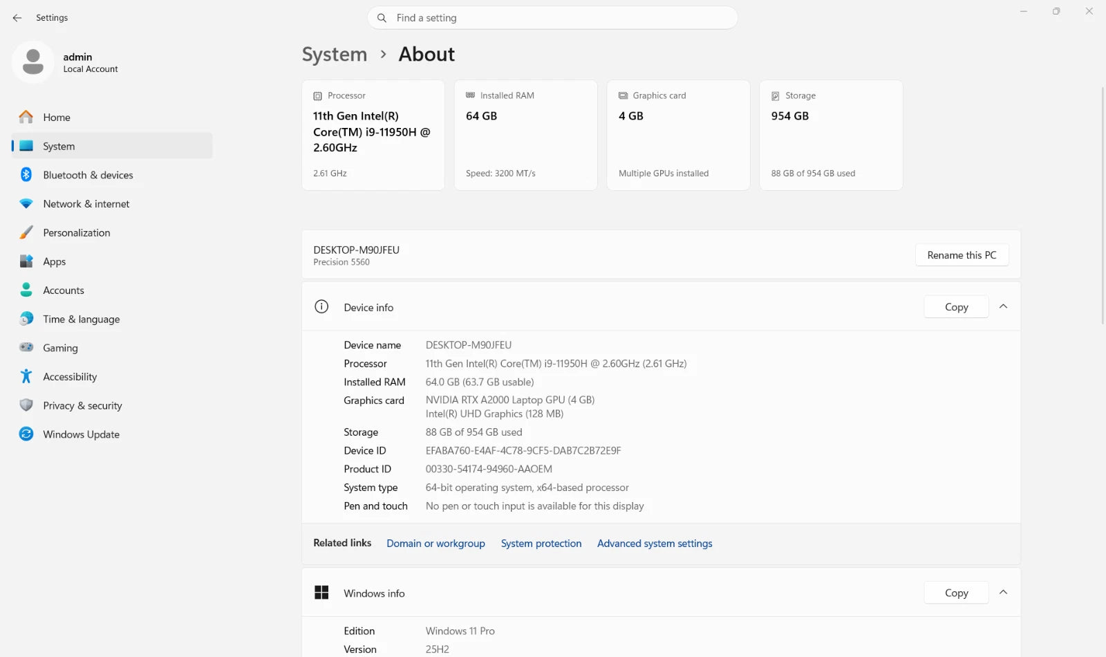 System settings screen displaying hardware information on a white background